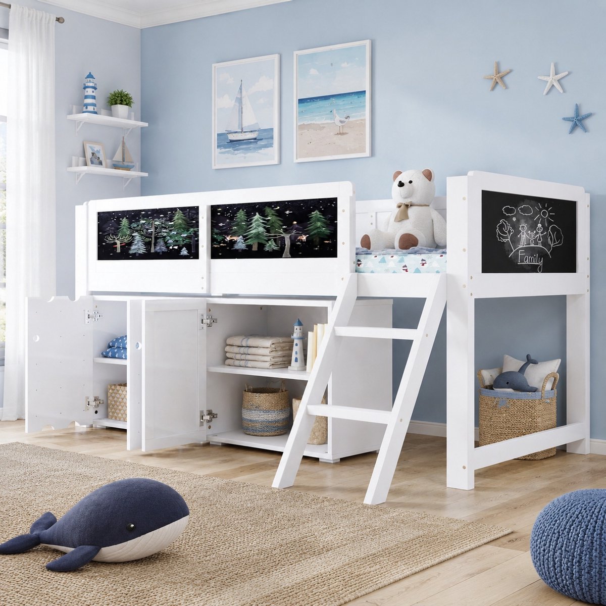 Hoogslaper Kinderbed 90 x 200 cm Met Opbergruimte En Krijtbord Hout MDF Wit Voor Kinderkamer