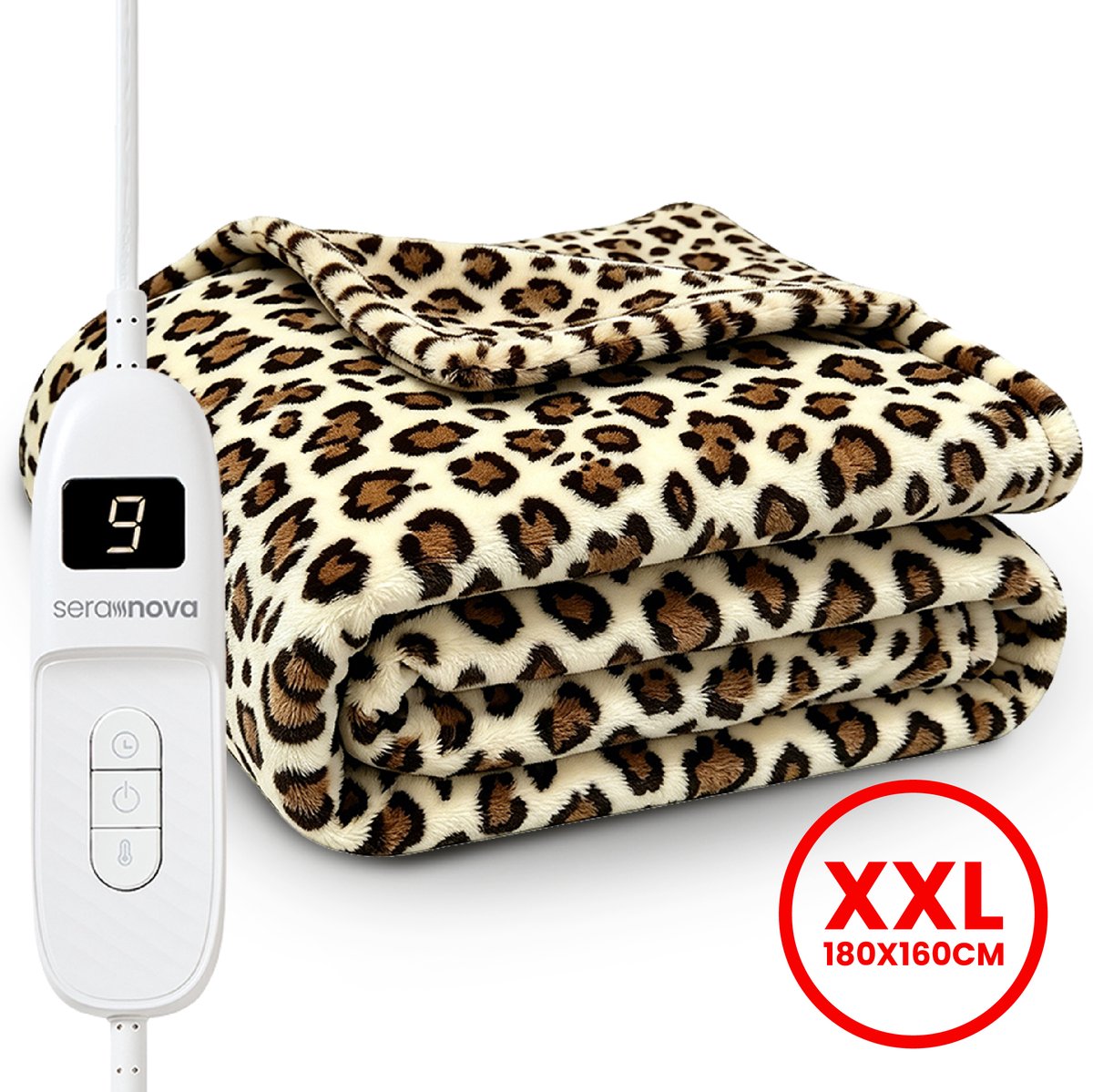 Seranova Elektrische Deken XXL - 180x160 cm - 2 Persoons Bovendeken - Warmtedeken - Dubbelzijdig Fleece Sherpa - Panter