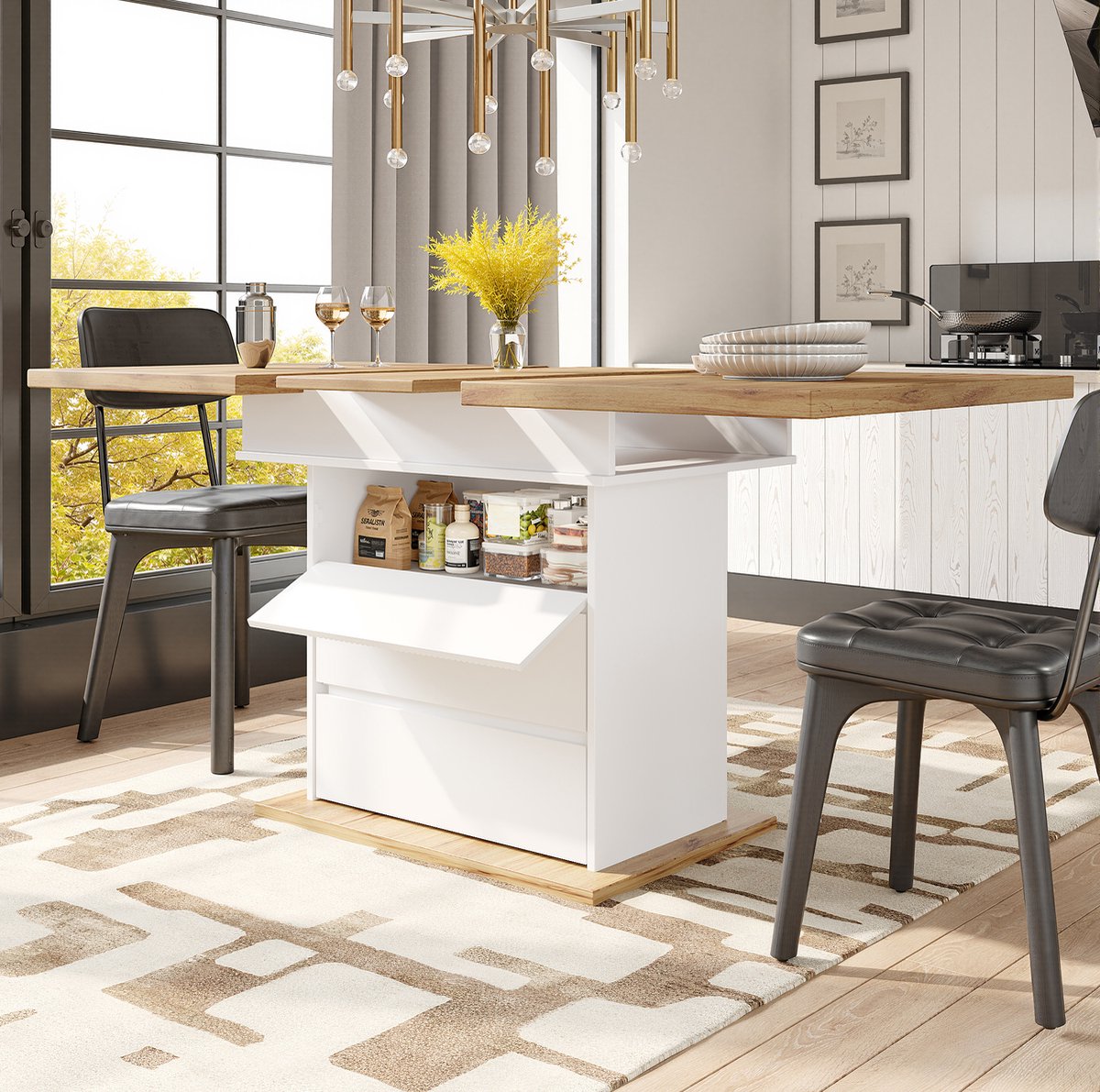 Wishdor Eettafel - Uitschuifbaar en opklapbaar - Met verborgen opbergruimte en soft-close - Modern - Keuken woonkamer kantoor - MDF met metaal - Wit naturel - 110-140 x 80 x 75 cm