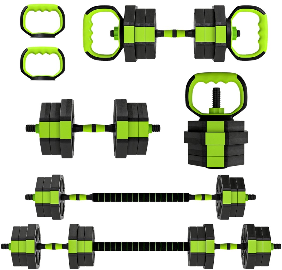 Dumbbelset-Gewichtset‑gym‑6‑in‑1‑multifunctioneel‑totaal 20kg‑kunststof‑zand‑125x18x18cm‑groen