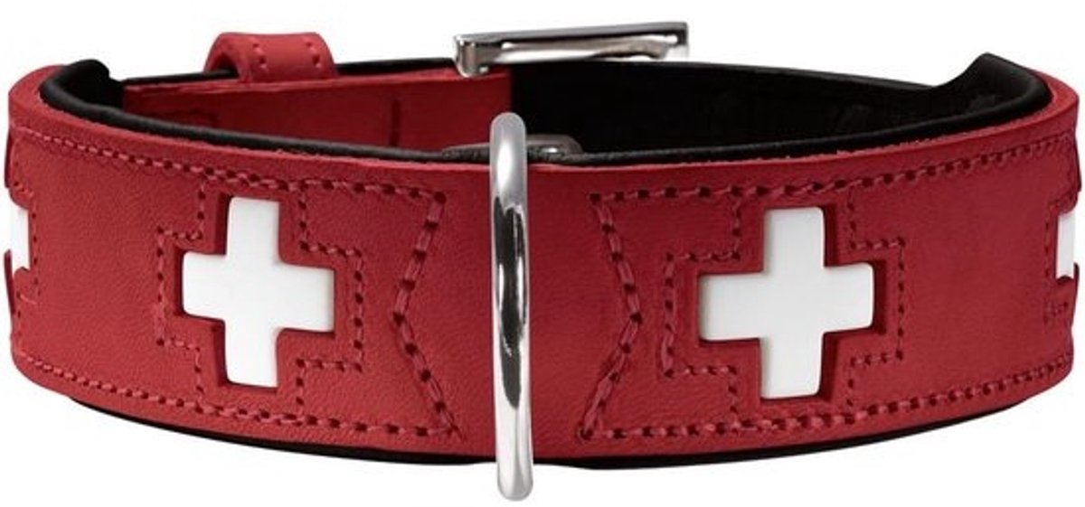 Hondenhalsband van Hoogwaardig Rundleer met Zwitsers Kruis, 70 (L-XL), Rood/Zwart