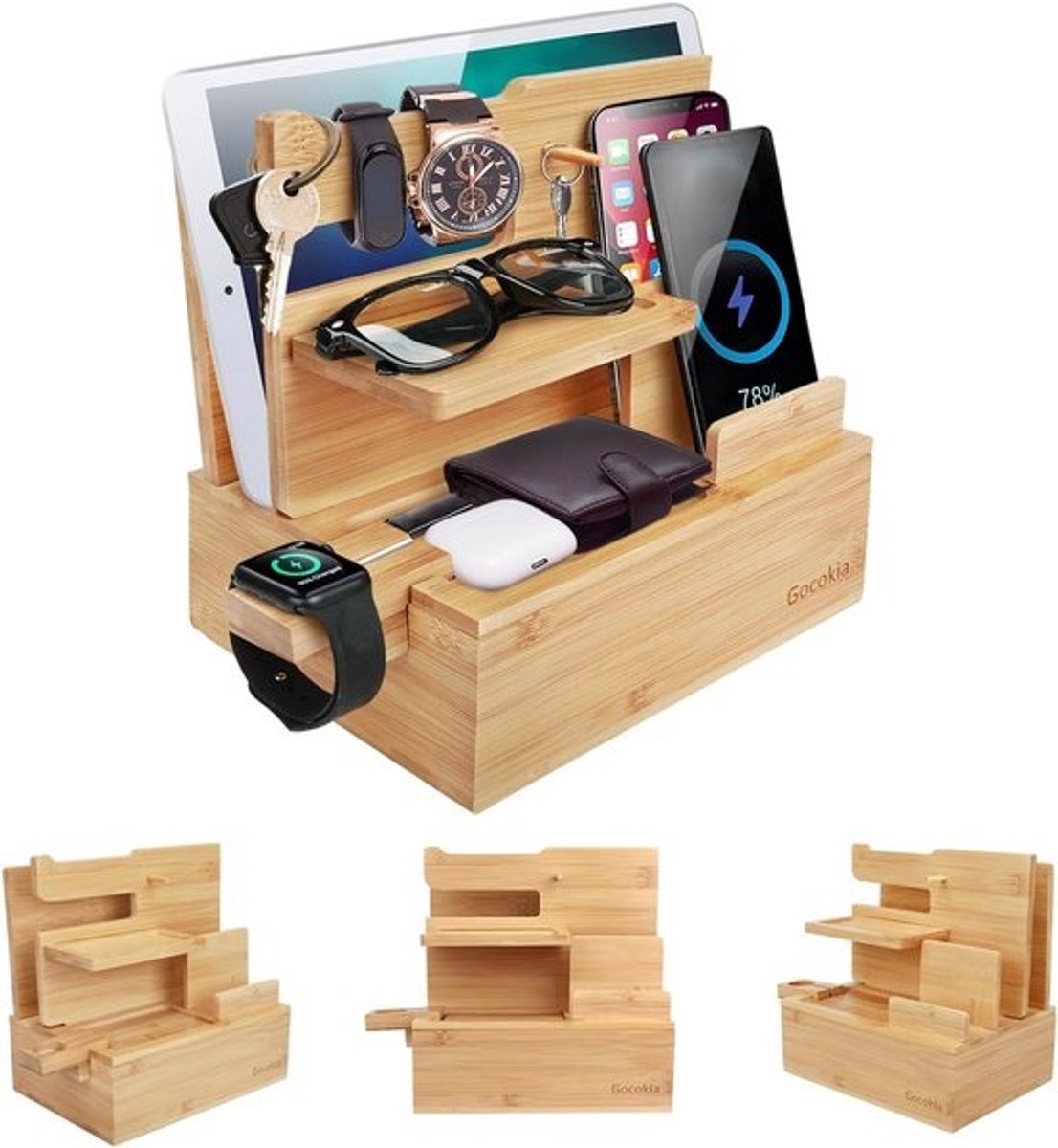 Houten Opladerstation Organizer voor Telefoon, Tablet en Horloge