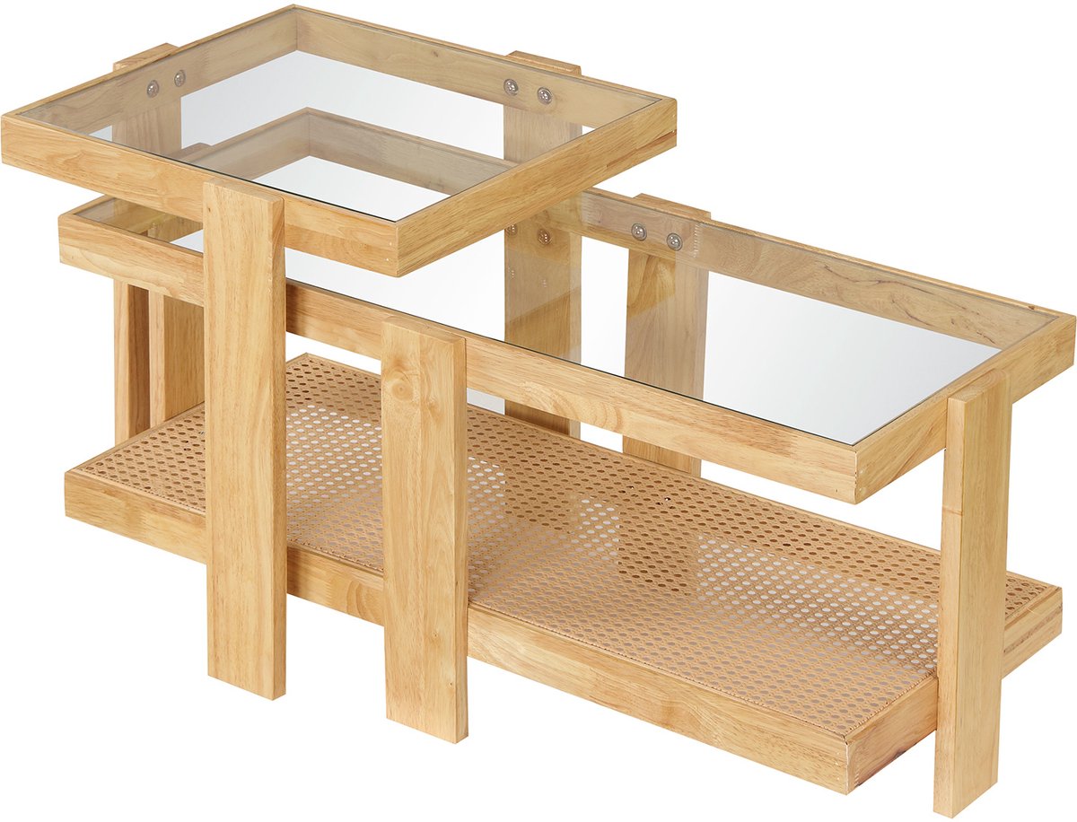 SureDeal® - Salontafel - 2-delige Boho stijl - Gehard Glazen Blad - Rubberhouten - 90x40x40 cm - Naturel