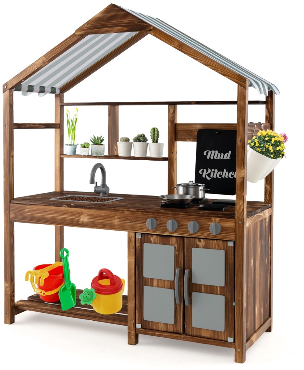 SureDeal® - Rollenspell - Modderkeuken Kinderen Buiten - Luifel - Kraan - Spoelbak - Tafel - Bloempotten Tuinkeuken - 100x42x126 cm - Naturel