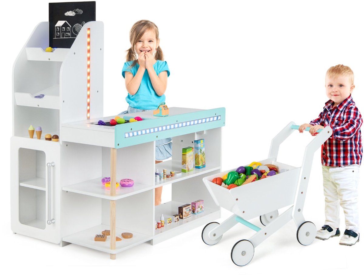 SureDeal® - Rollenspell - Houten Supermarkt - Kinderen Speel kruidenierswinkel - Kassa Trolley Schoolbord - LED Verlichting - 100x62x110 cm - Wit