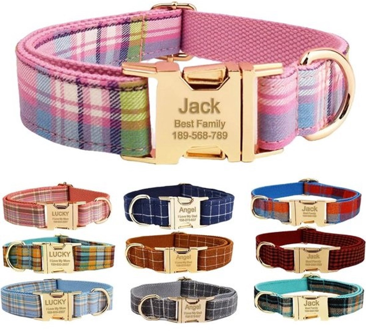 Gepersonaliseerde hondenhalsband met metalen gesp - Tartan halsband met naam en telefoonnummer - Verstelbare maten voor kleine, middelgrote en grote honden