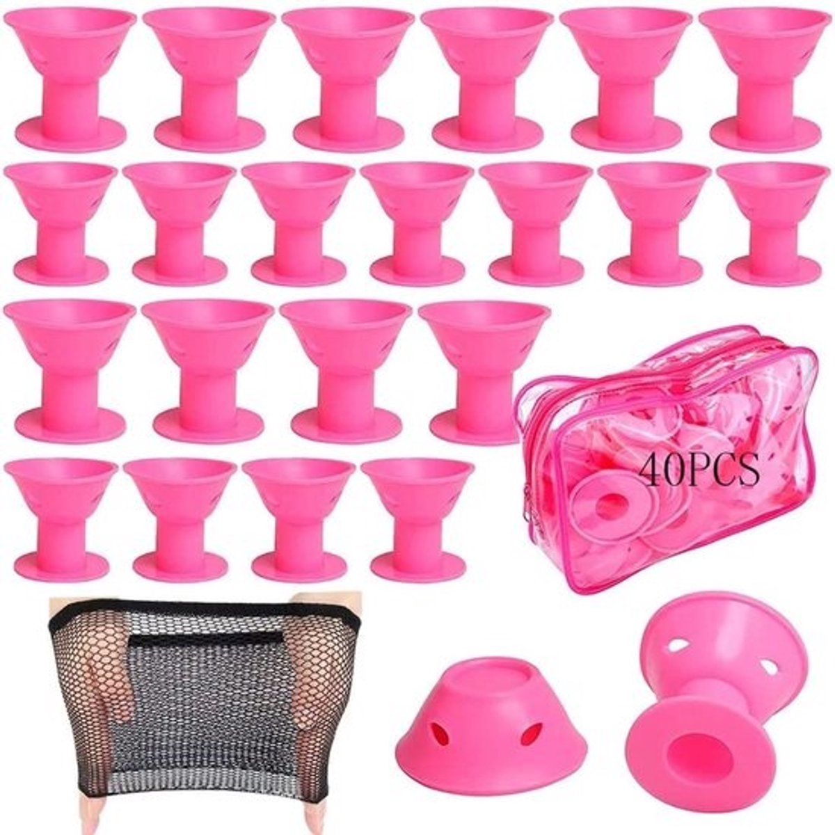 40 Stuks - Siliconen Krulspelden - Siliconen haarkrullers - Premium Magic Hair Curlers zonder Hitte - Zachte Siliconen Krullers - Groot en Klein - met Handige Opbergtas - voor Kort en Lang Haar - Duurzaam Sorteersysteem Styling Haarrollers - Roze