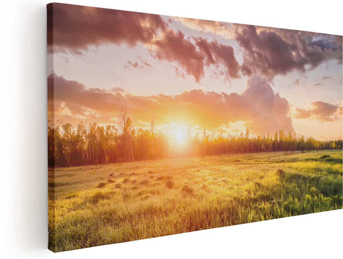 Artaza Canvas Schilderij Zonsopkomst In Het Veld - 160x80 cm - Groot - Wanddecoratie Woonkamer - Schilderijen - Muurdecoratie