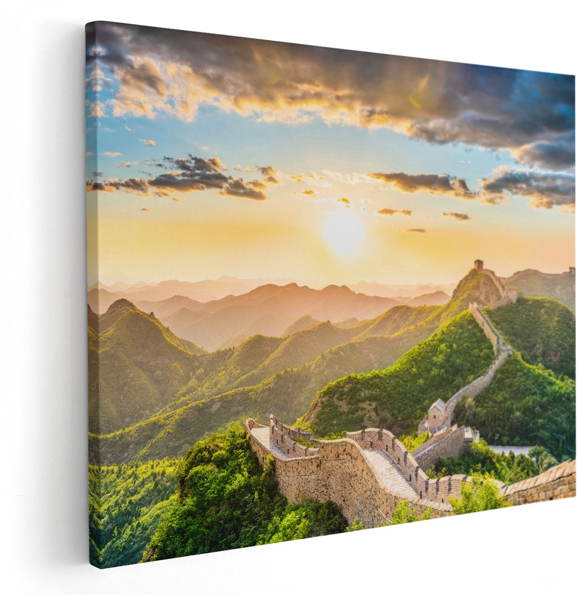 Artaza Canvas Schilderij De Chinese Muur door de Bergen met Zon - 150x120 cm - Groot - Wanddecoratie Woonkamer - Schilderijen - Muurdecoratie