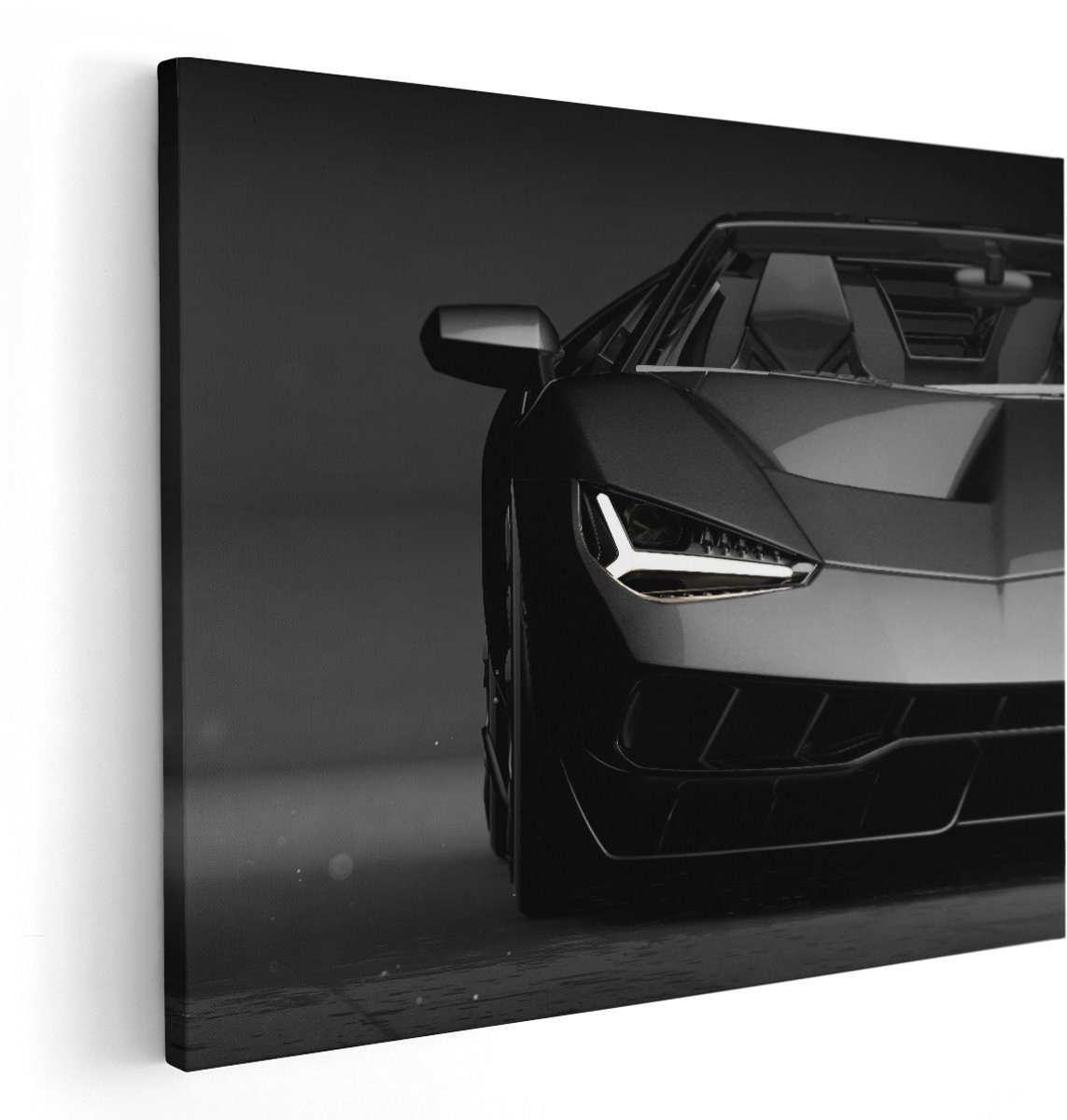 Artaza Canvas Schilderij Zwarte Sportwagen Auto - 150x120 cm - Groot - Wanddecoratie Woonkamer - Schilderijen - Muurdecoratie