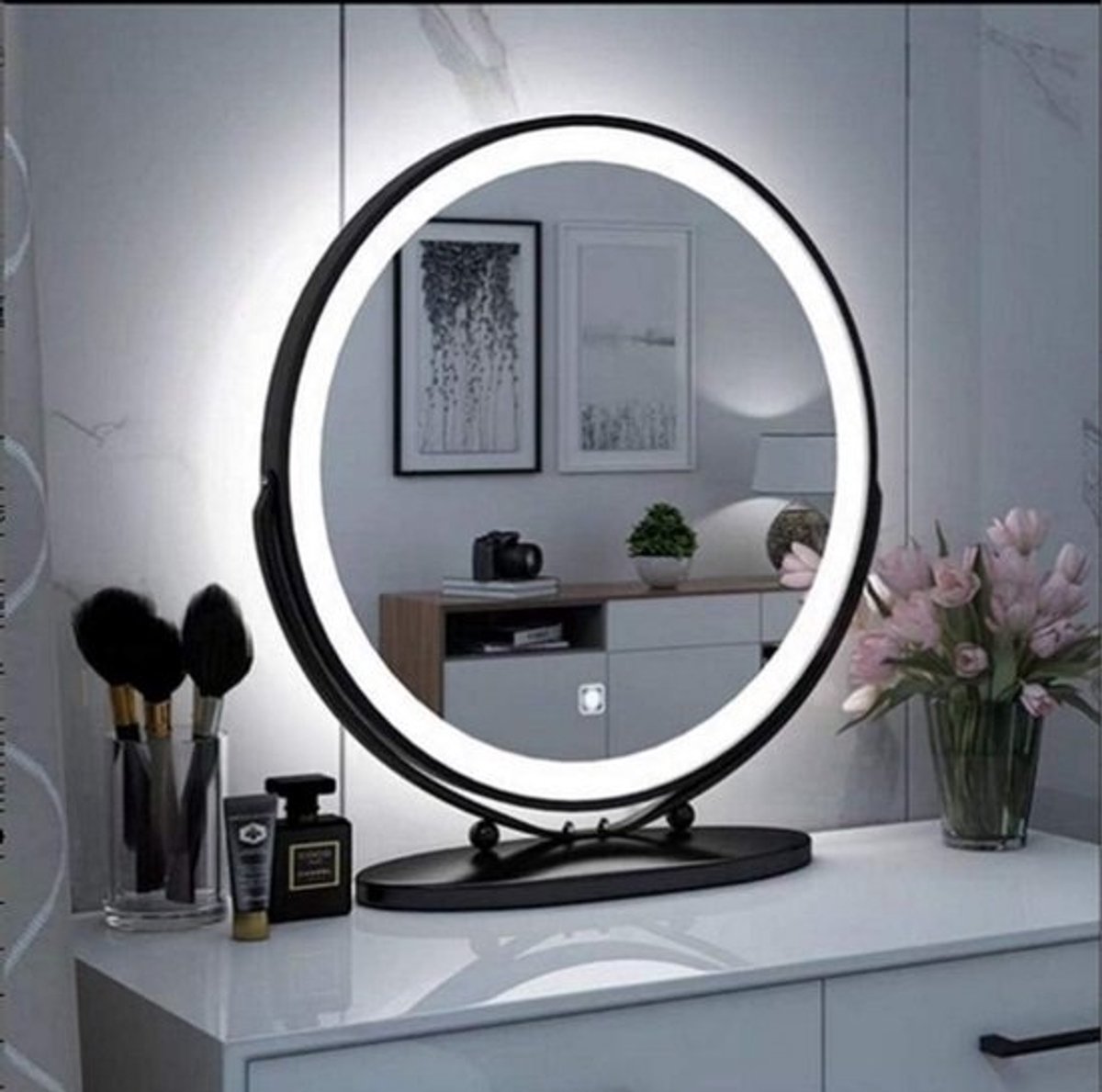 Ronde Make-up Spiegel met Metalen Frame en Verlichting - Verstelbaar Tafelmodel - 50cm