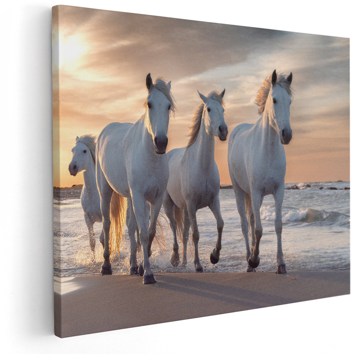 Artaza Canvas Schilderij Witte Paarden Op Het Strand Bij Water - 150x120 cm - Groot - Wanddecoratie Woonkamer - Schilderijen - Muurdecoratie