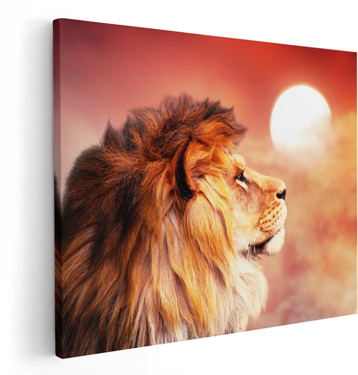Artaza Canvas Schilderij Leeuw - Leeuwenkop - Tijdens Zonsopkomst - 150x120 cm - Groot - Wanddecoratie Woonkamer - Schilderijen - Muurdecoratie