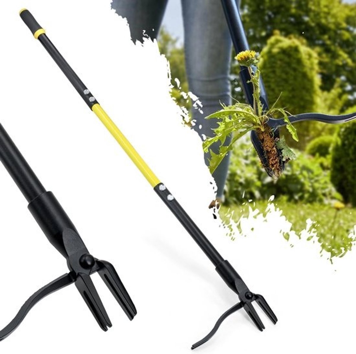 Staande Onkruidtrekker met Lange Steel - 115 cm Handvat - Vier Klauwen Stalen Kop - Voor Penwortels