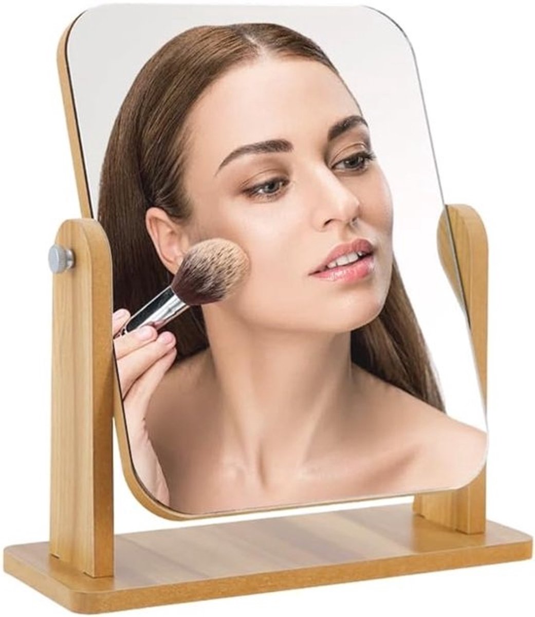 Houten Bureauspiegel - Kaptafel Spiegel - Make-up Aanbrengen - 360 Graden Rotatie - 22 x 17 cm