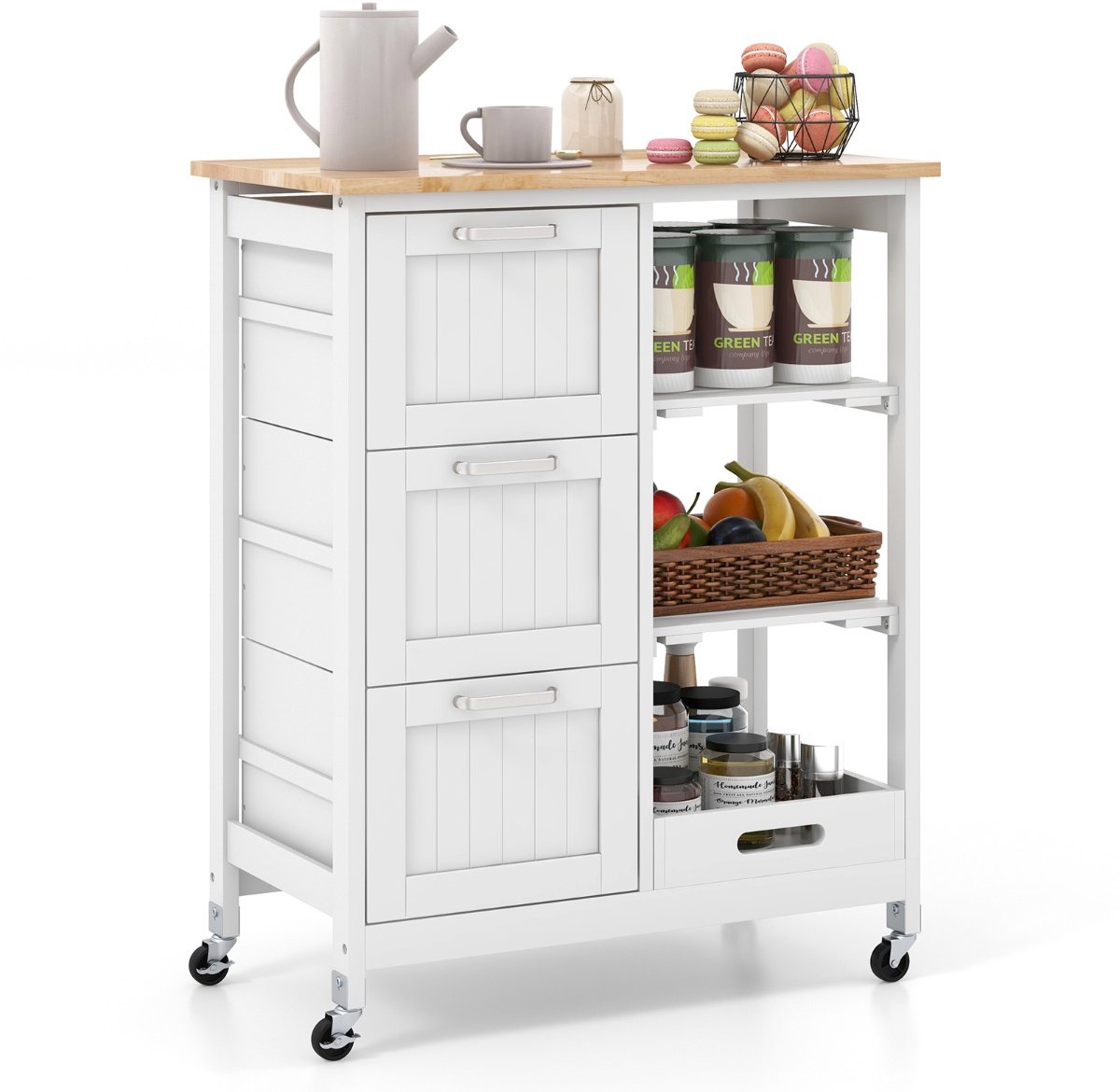 SureDeal® - Keukentrolley - Keukeneiland Wielen Rollende - Rubberhouten Blad - Laden Serveerwagen Wit - 67x37x83,5 cm - Wit