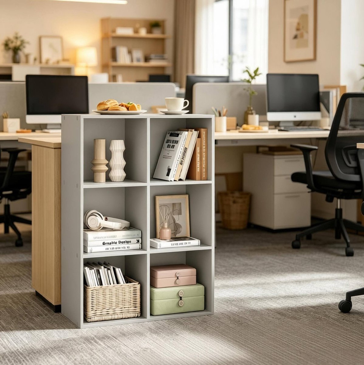 MIVRAY Boekenkast – 59,6 x 89 x 29 cm – Open Kubusontwerp Met 6 Vakken – E1 Hout – Grijs – Vrijstaand Voor Woonkamer, Kantoor En Slaapkamer