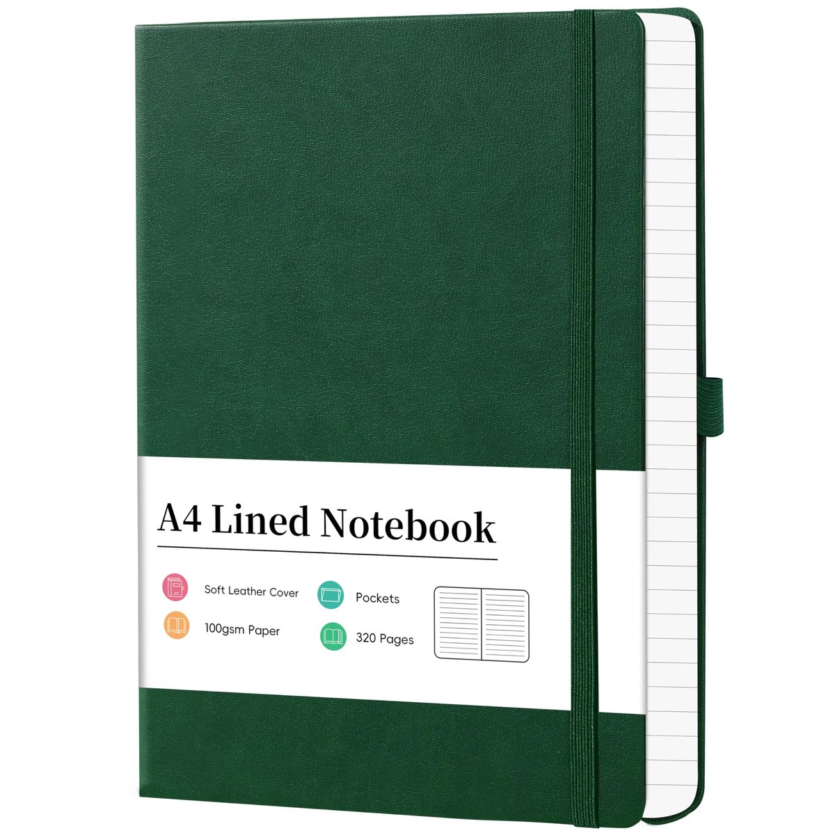SnelShoppen - A4 Notitieboek Gelinieerd - 320 Pagina's Premium Papier - Kunstleer Hardcover Dagboek - 21,5 x 27,9 cm - Groen - Schrijven, Notities, Sc