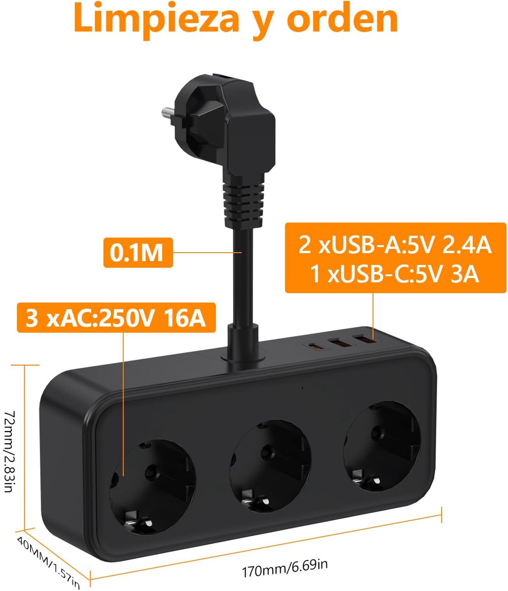 SnelShoppen - Stekkerdoos met 3 AC-uitgangen, 2 USB A en 1 USB C, zwart, perfect voor thuis, kantoor, en op reis