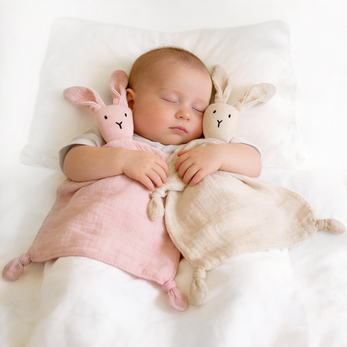 SnelShoppen - Zachte Bunny Lovey Mousseline Katoenen Baby Beveiligingsdeken - Ademend en Comfortabel voor Pasgeboren Baby's en Peuters - Roze & Kaki -