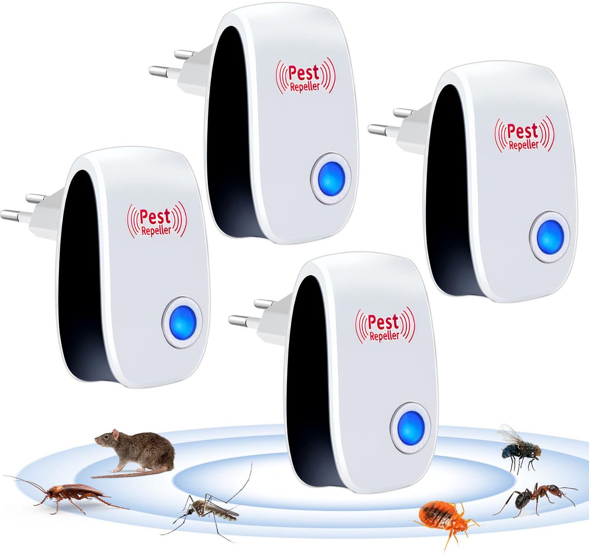 SnelShoppen - Ultrasone Ongediertebestrijding 4 Stuks, Elektrische Stekker voor Insecten, Muizen, Kakkerlakken, Mieren, Vliegen en Spinnen - Veilig vo