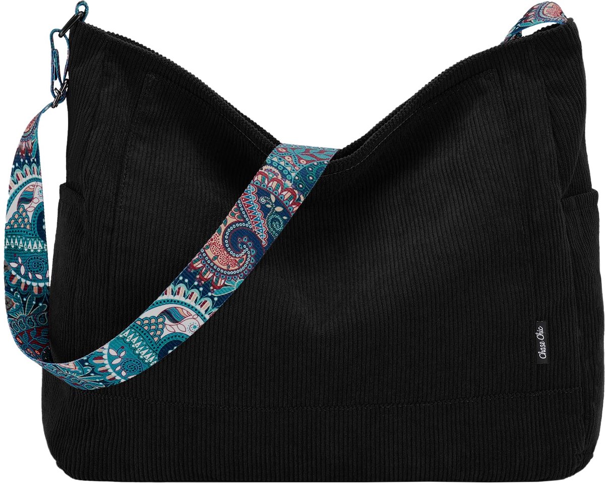 SnelShoppen - Grote Zwarte Corduroy Draagtas voor Vrouwen - Converteerbare Crossbody Hobo-Tas met Rits - Ideaal voor Werk, School en Vrije Tijd