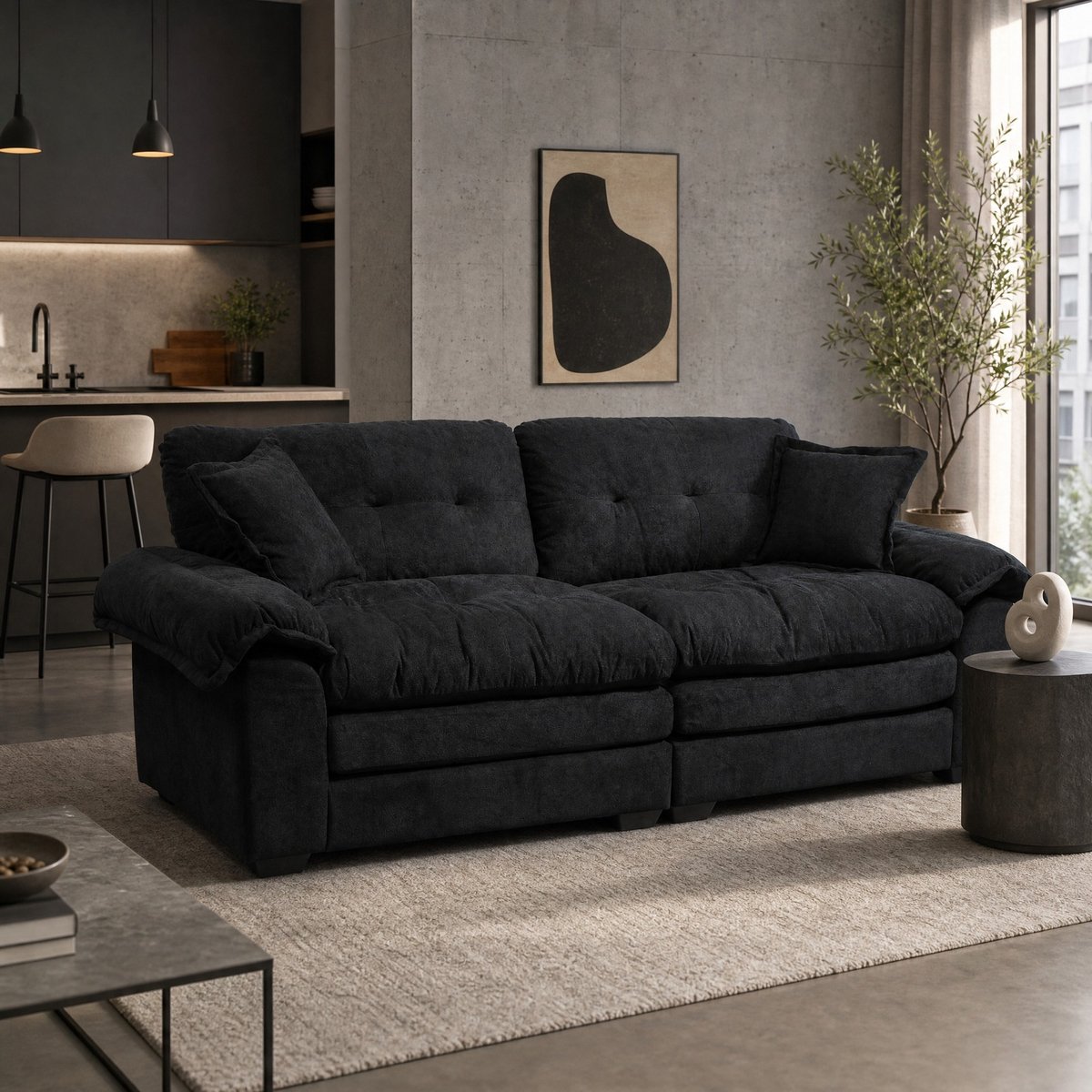 COVREO 2-zits bank 214 cm - zwart chenille, deep seat, memory foam en pocketveren