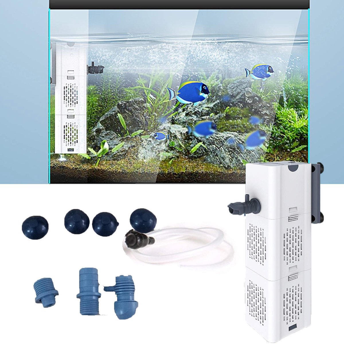 SnelShoppen - Aquariumfilter 4-in-1 met 2 Filtersponzen, Waterpomp, Zuurstof, Ventilatie en Wave Maker voor 20-1500 l Aquarium (30 W, 1800 l/u)