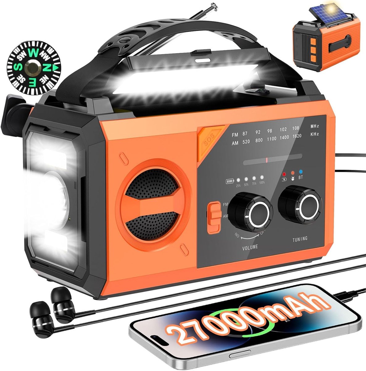 SnelShoppen - Handcrankradio met Oplaadfunctie voor Mobiele Telefoons - 8-in-1 Draagbare Noodradio met Solar, AM/FM, Powerbank, SOS, Zaklamp, Kompas,