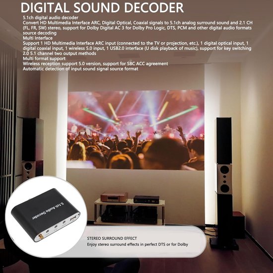 Geluidsdecoder - Audio Converter - Home Theater - 5.1 Surround Sound - 192 KHz Sample Rate - Zwart — afbeelding 2