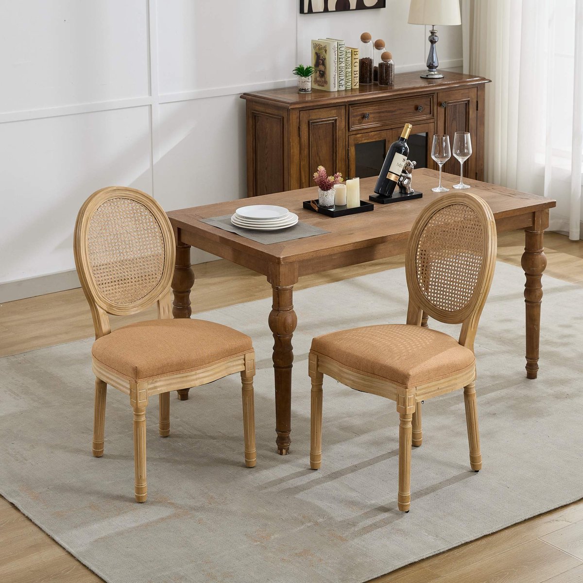 Pugsdrly Eetkamerstoel in Franse stijl met massief houten frame, antieke afwerking, linnen bekleding en rotan rugleuning, set van 2, tan, DE1843TN