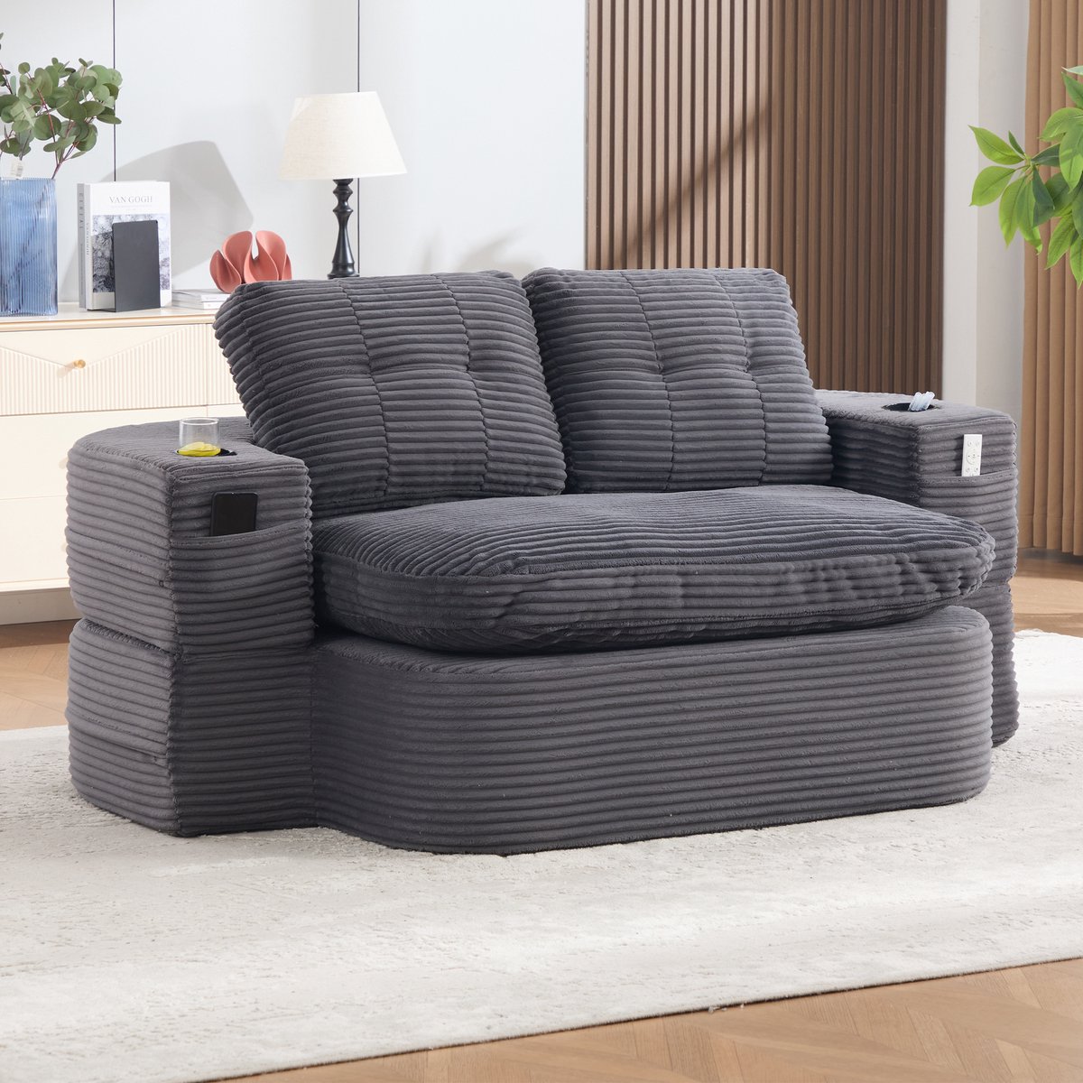 REDOM - Slaapbank 2-in-1 - Corduroy bekleding - Liegefunctie - Hoge rugleuning - Extra diepe zit - Met bekerhouders en zijzakken - Donkergrijs - 165 x 61 x 97 cm