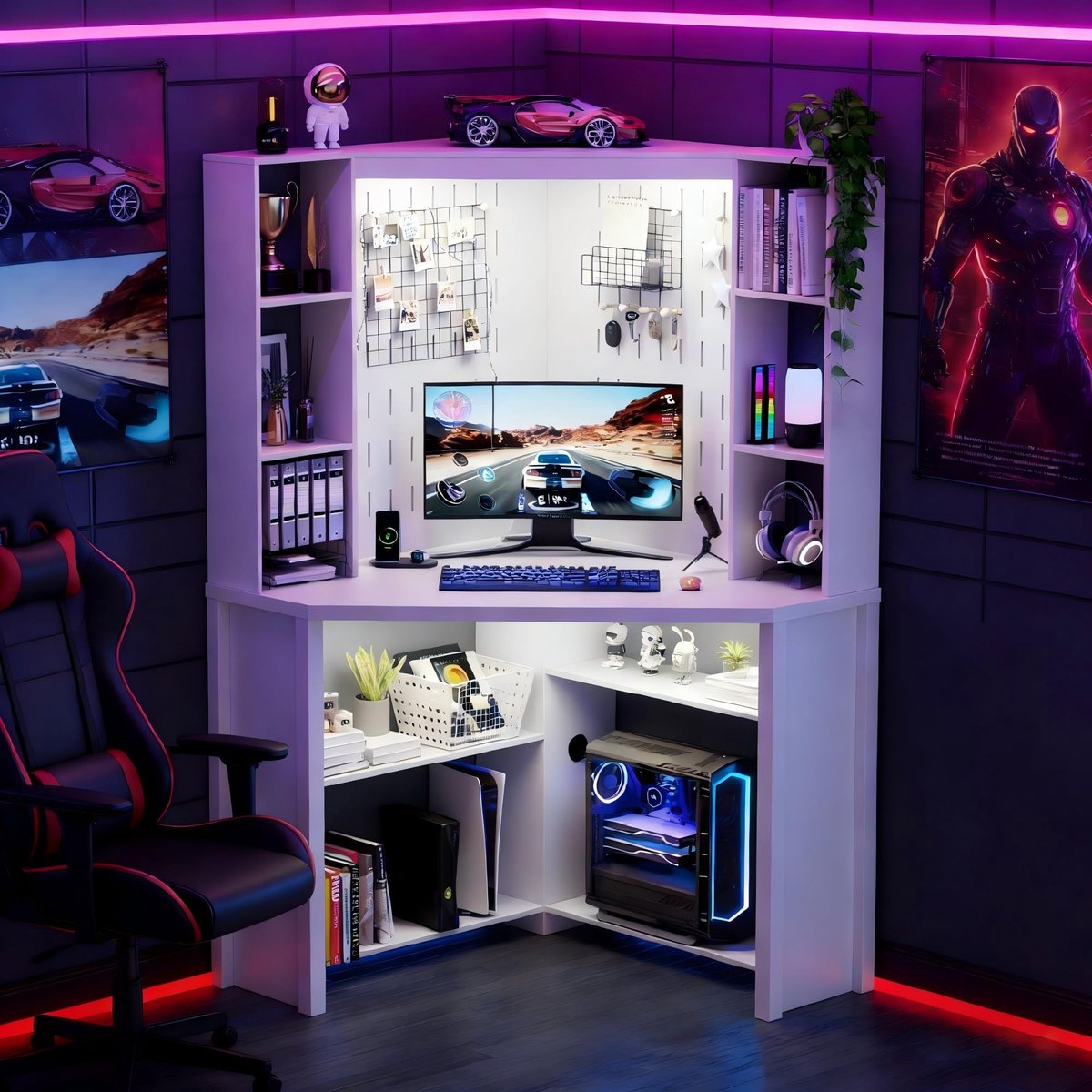 SnelShoppen - L-vormig gamingbureau met gatenplank, schuiflamp, 2 stopcontacten, 1 USB, ledverlichting, 10 niveaus planken voor thuis en kantoor, wit