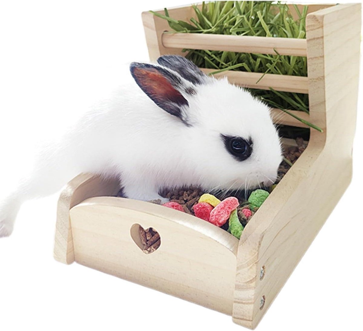 Hooi Voeder - Grasrek Huisdieren - Kleine Dieren Voeden - Dubbele Hout Zones - 14.5x22x15.5cm - Houtkleur
