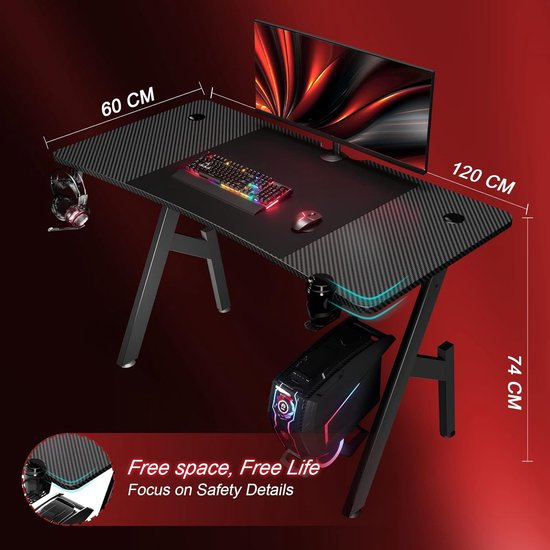 Ergonomisch Gamingbureau 120 x 60 cm met Bekerhouder en Hoofdtelefoonhaak - Zwart van Merkloos — afbeelding 4