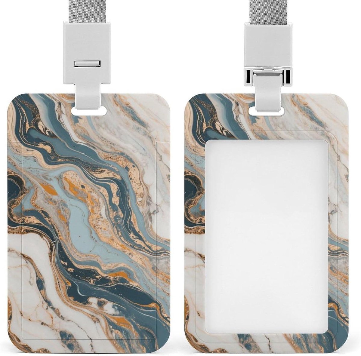 Badgehouder met Lanyard - Naamkaartje Hoesje - Identificatie Tonen - Intrekbaar Ontwerp - 4x2.5 Inch - Wit Marmerpatroon