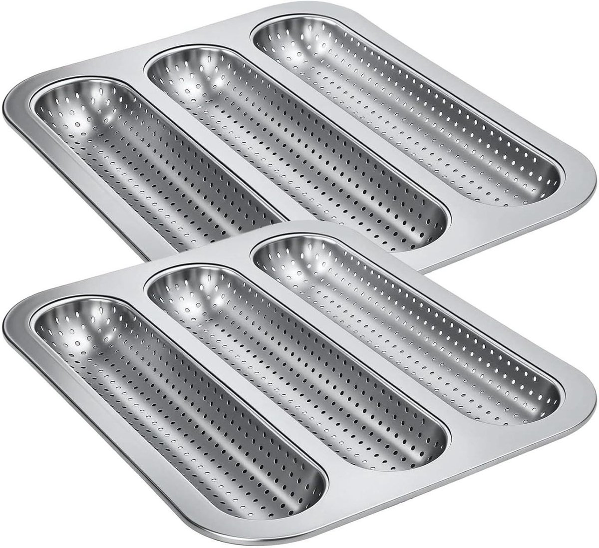 Baguettepan 2 Stuks - Bakvorm Stokbrood - Thuis Bakken - Geperforeerd Ontwerp - 6x26x6 cm - Grijs