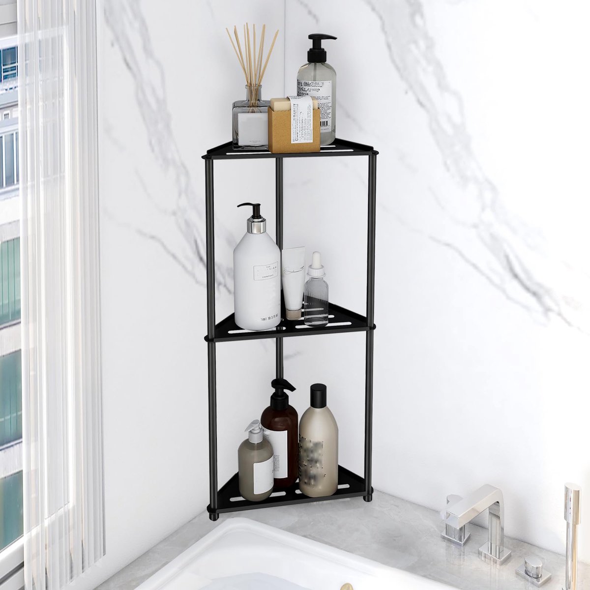 SnelShoppen - 3 Tier RVS Hoek Douche Caddy, Roestvrije Douche Organizer Stand, Moderne Zwarte Badkameraccessoire voor Douche, Buitengebruik, en Huisho