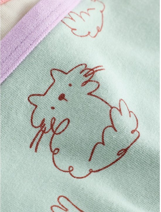 Detail van mintgroene stof met opdruk van een bruin getekende kat.