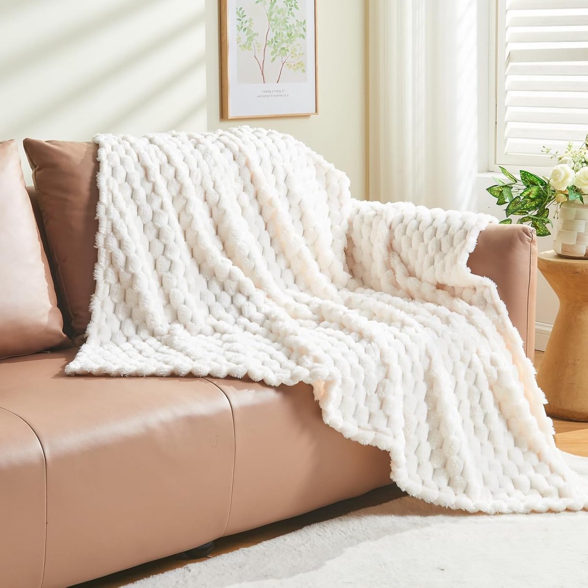 SnelShoppen - Fleece Deken Imitatiebont, Pluizige en Zachte Dikke Deken voor Bed, Sofa, Bank, Jacquard Wit, 153 x 203 cm, Gezellige Warme Deken voor T