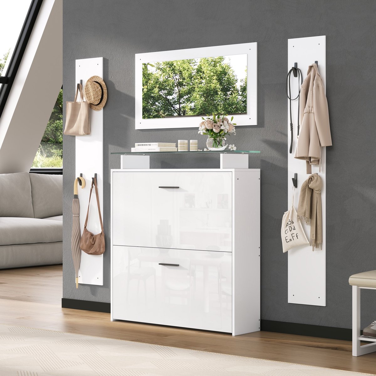89.5 x 23 x 96.5 cm 4-delige kledingkastset met spiegel - 2 hoedenplanken en hoogglans schoenenkast. Kapstok voor de hal - kledingrekset - kledingkastset voor de hal - compacte kledingkast met 8 kapstokhaken - wit