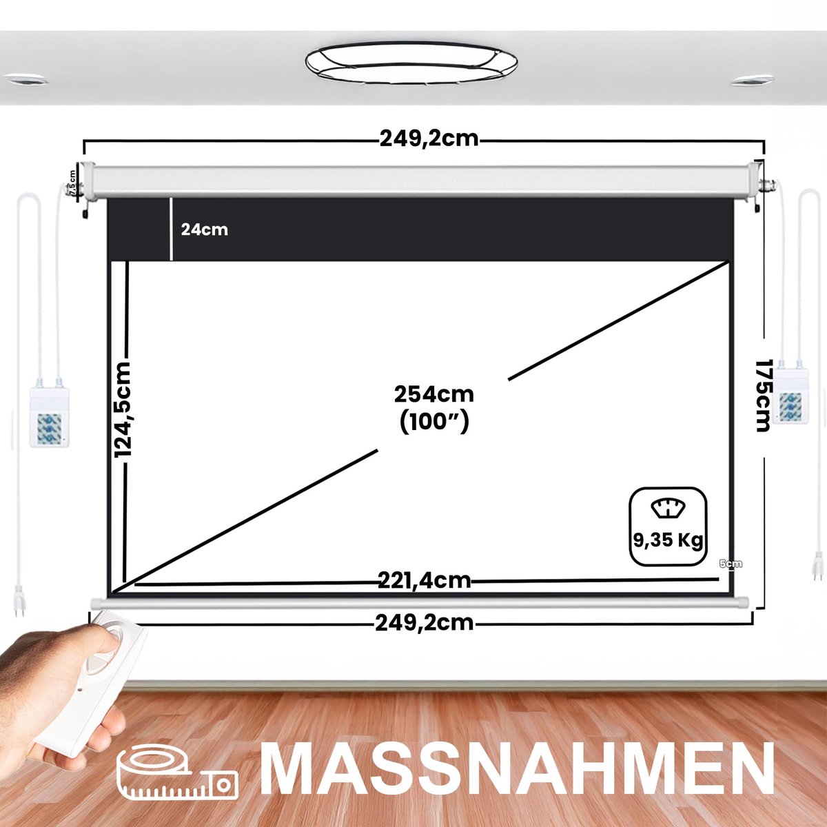 SnelShoppen - Elektrisch Projectiescherm 100 Inch 16:9 Luxscreen - Wit 221 x 124 cm - Wand- of Plafondmontage met Afstandsbediening voor Thuisbioscoop