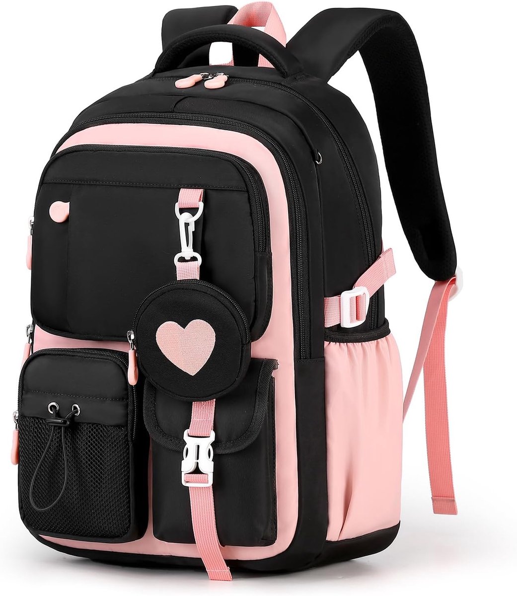 Bobypet - Rugzak - Modieuze schooltas met ademend ontwerp -Reflecterende veiligheidsstrips -S -vormige rugondersteuning, waterafstotende stof, honingraatventilatie op de rug - casual kinderrugzak voor school en reizen（zwart-roze ）