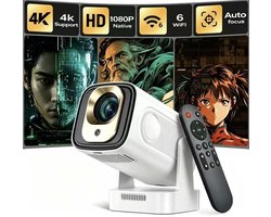 KZQ Projector - Draagbare projector - Slaapkamerprojector - 4K - Native 1080p - Autofocus & keystone-correctie - WiFi 6 & Bluetooth 5.4 - 200ANSI - 180°-rotatie - Geschikt voor thuisbioscoop en gebruik buitenshuis - Wit