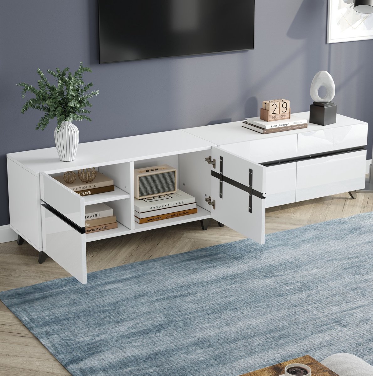 TV Meubel - Hoogglans Voorkant Met 4 Deuren En Verstelbare Planken - Voor Woonkamer En Grote Tv - MDF - Wit Met Zwarte Lijnen - 180 Cm