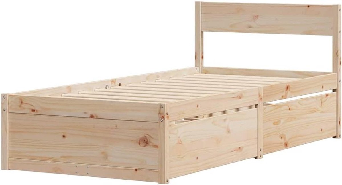 Bedframe met Laden - Houten Bed - Slaapkamer Opbergen - Massief Grenenhout - 75x190 cm - Naturel