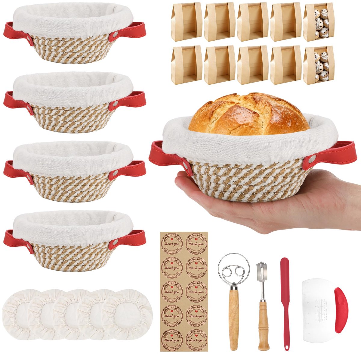 SnelShoppen - Ronde Gistmanden 5 Stuks 14 cm - Kleine Mandjes voor Mini-Brood Bakken - Compleet met 10 Broodzakken en Katoenen Touw - Ideale Bakaccess