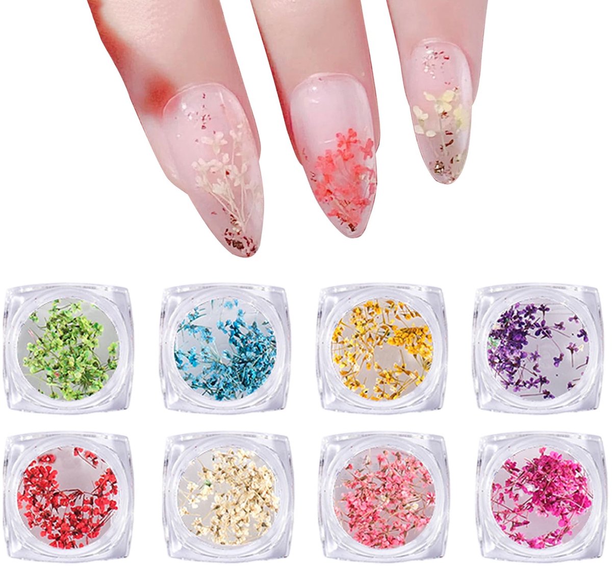 Dailygoods - 3D Nagelart met Drogen Bloemen - Set van 8 Kleurige Potten