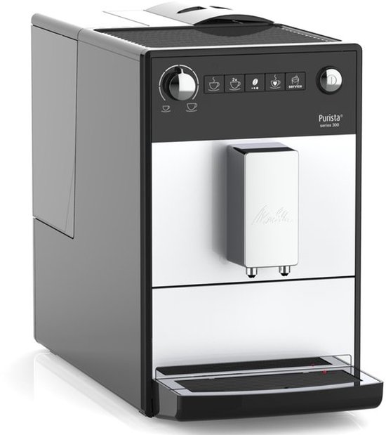 Zijaanzicht van een zwart-witte volautomatische espressomachine met chrome accenten.