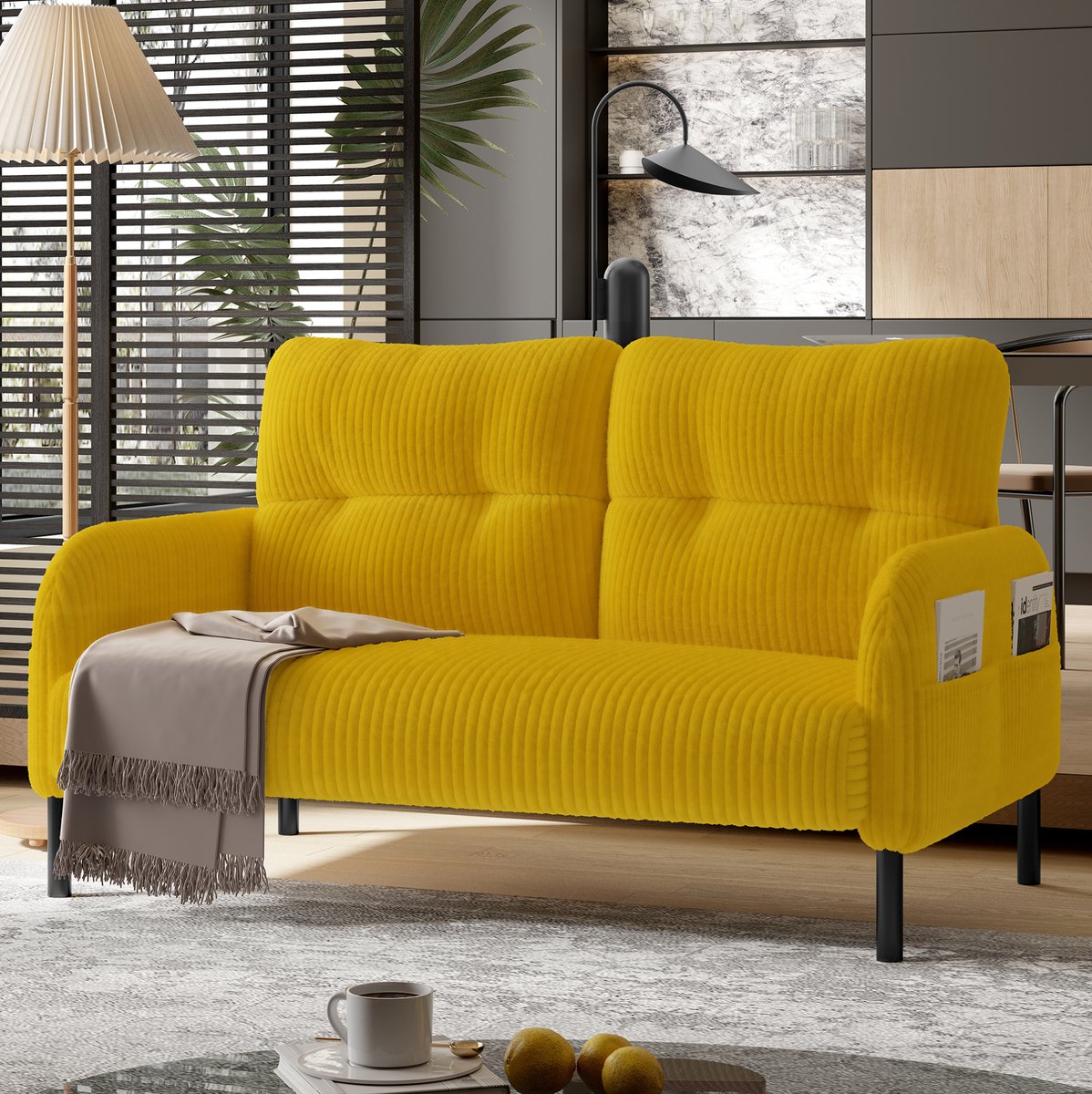COVREO 2-zitsbank 120 x 75 x 79 cm geel cord met hoge rugleuning en zijtas